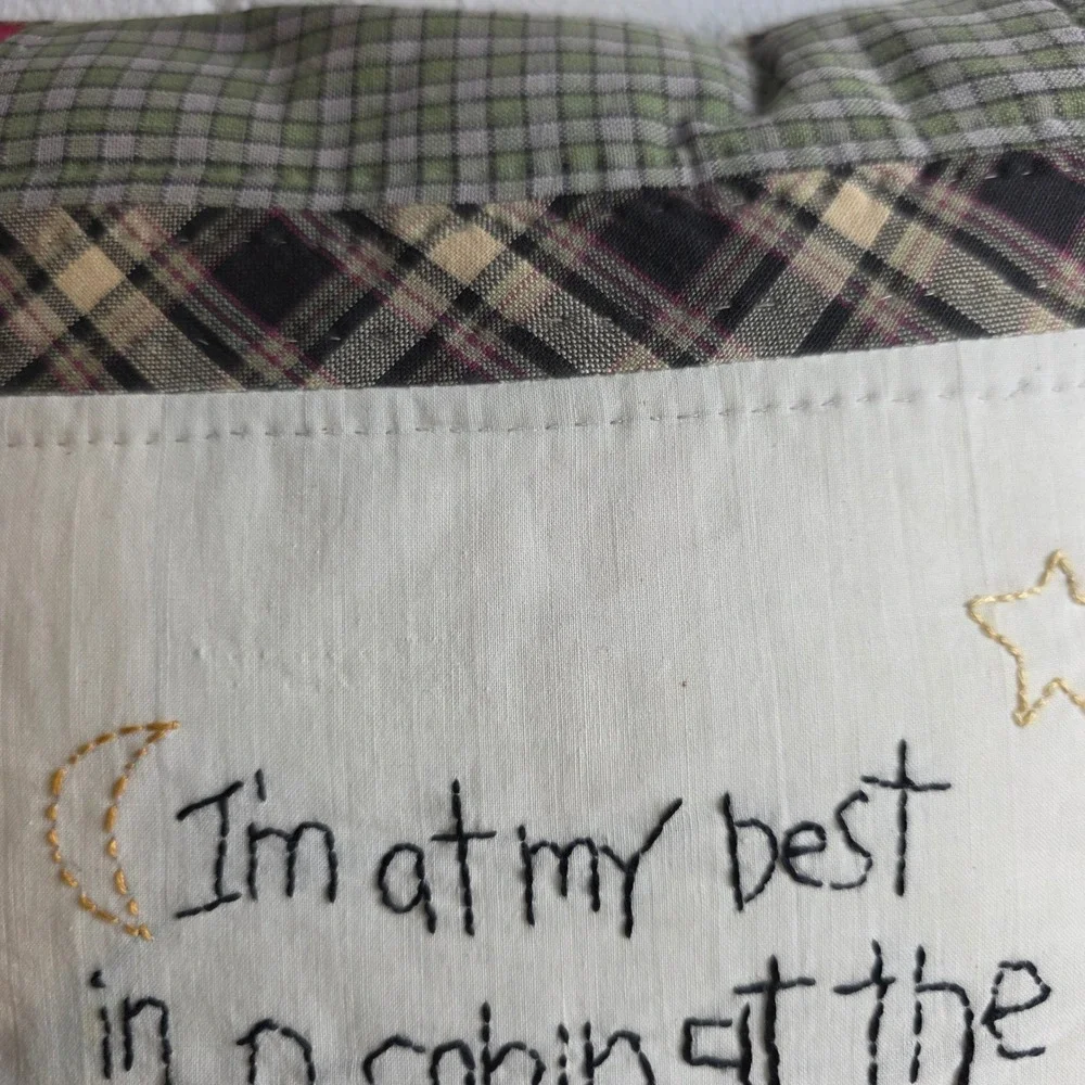 Hand Embroidered Patchwork Plaid Decorative Pillow Rustic Cabin at the Lake
